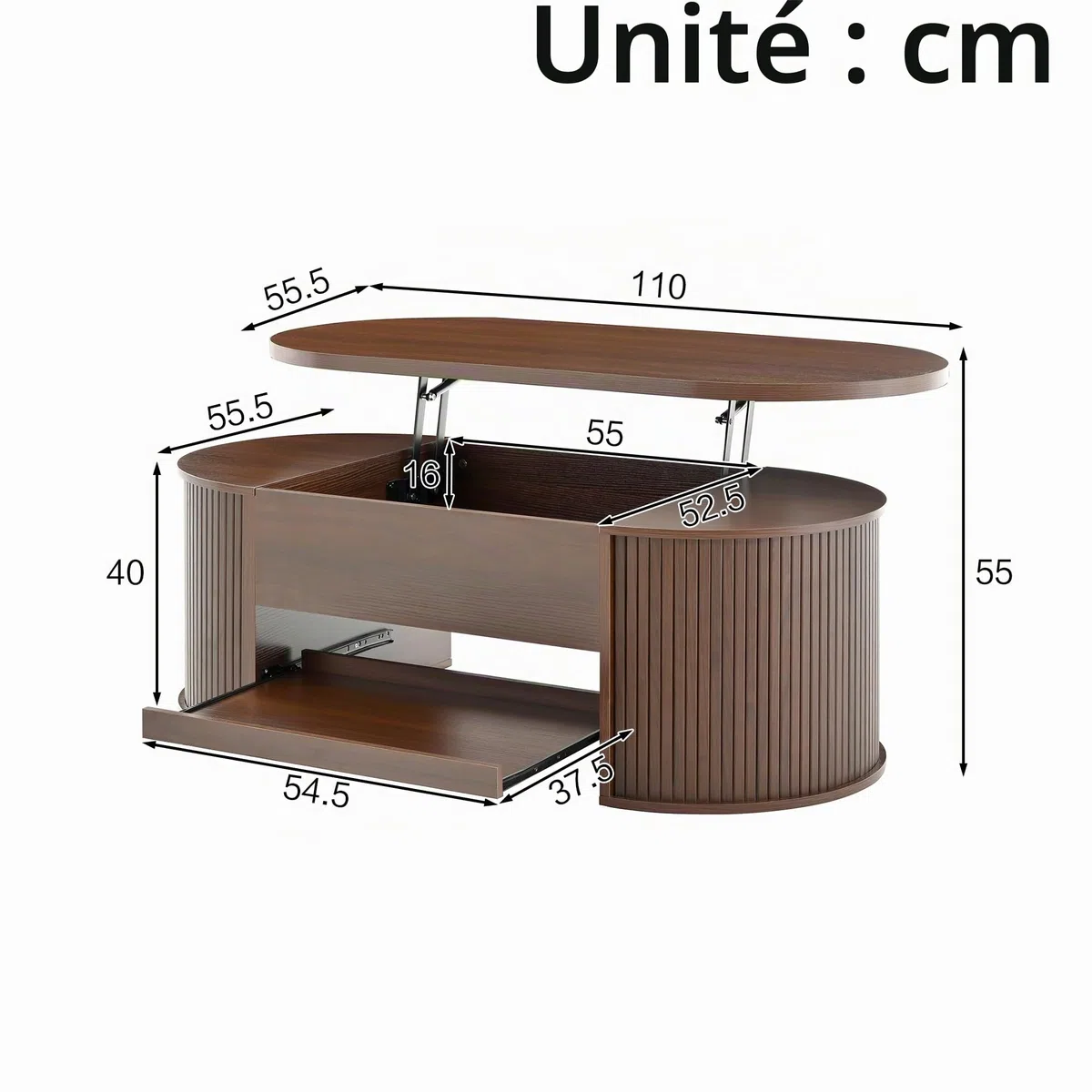 Merax Table basse élévable 110x55,5x40 cm, hauteur réglable avec côtés en bois incurvés, étagère extensible, meuble de salon multifonctionnel, espace de rangement pour collations, livres, électronique