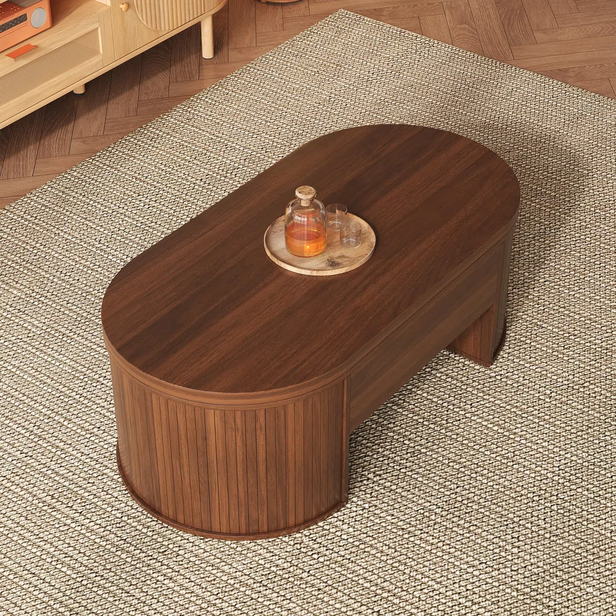 Merax Table basse élévable 110x55,5x40 cm, hauteur réglable avec côtés en bois incurvés, étagère extensible, meuble de salon multifonctionnel, espace de rangement pour collations, livres, électronique