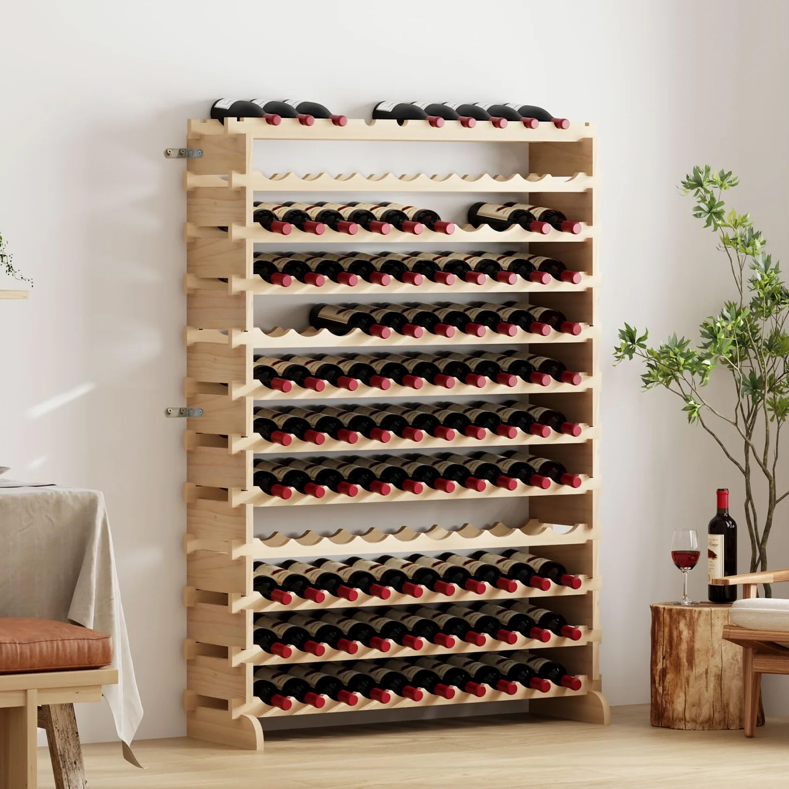 soges Étagère à Bouteilles Casier à vin Bouteilles en Bois Non Traité avec 12 étages pour 120 Bouteilles, 110 x 35 x 140cm