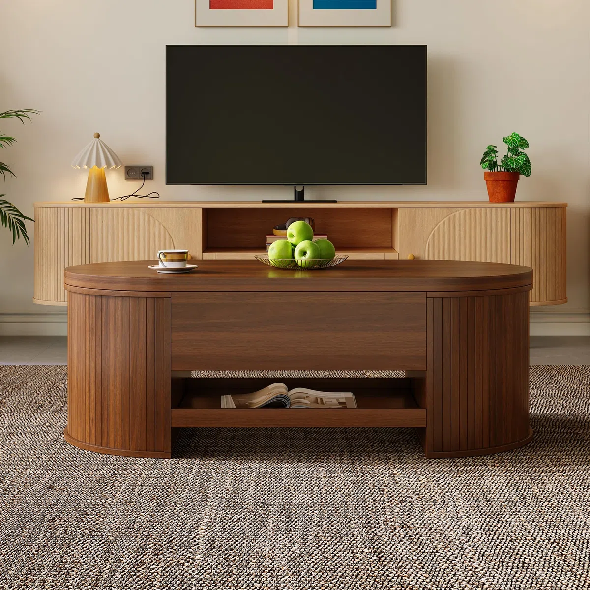 Merax Table basse élévable 110x55,5x40 cm, hauteur réglable avec côtés en bois incurvés, étagère extensible, meuble de salon multifonctionnel, espace de rangement pour collations, livres, électronique